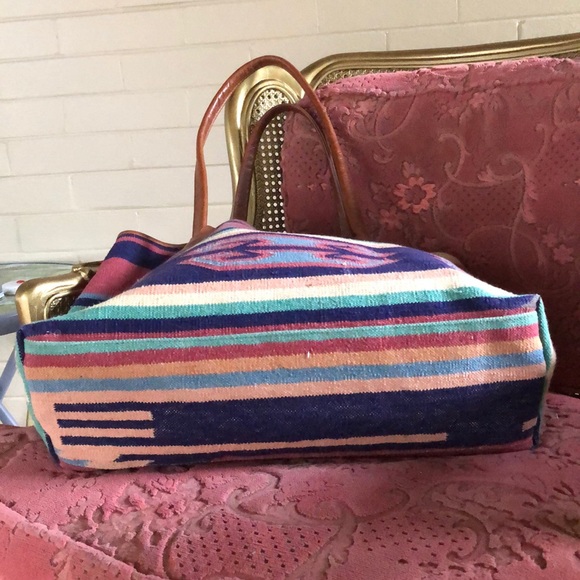 Saddle blanket Navajo Aztec textile bag leather tote weekender - Picture 6 of 8